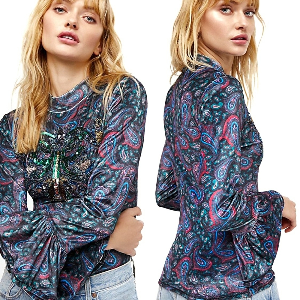Free People Chloe Velvet Paisley Bell Sleeve Top